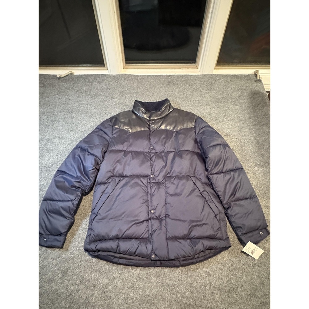 Lucky Brand Jacket Mens Medium Navy Puffer Quilted Faux Leather Yoke Snap Front